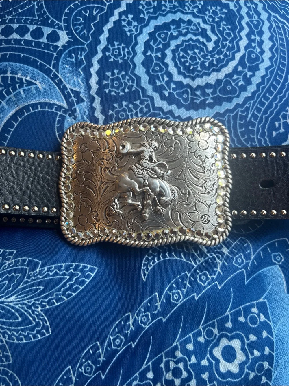Nocona Black Leather Western Belt with Ornate Silver Rodeo Buckle sz S
